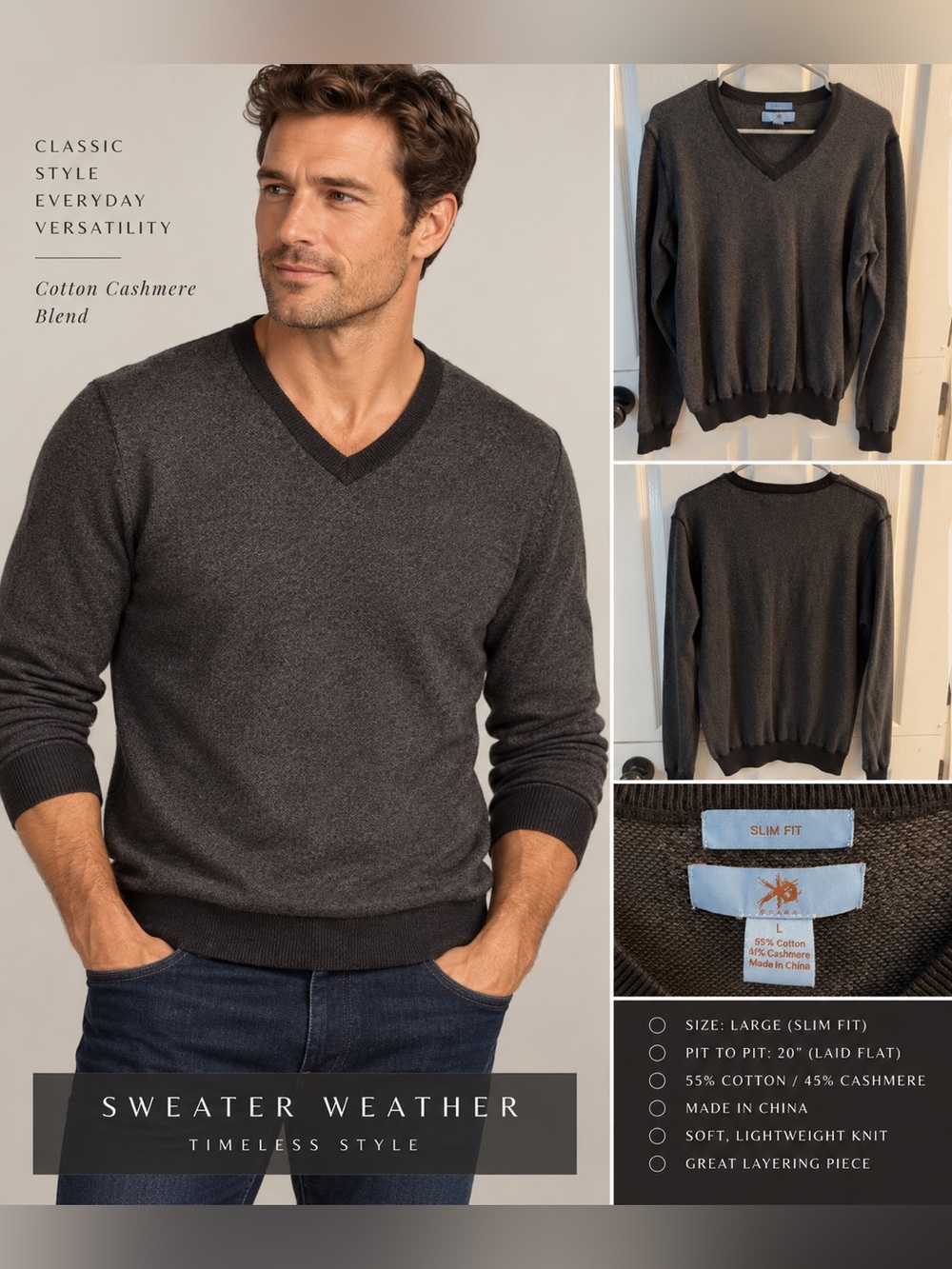 Egara Menโs Cotton Cashmere V-Neck Sweater โ Large Slim Fit